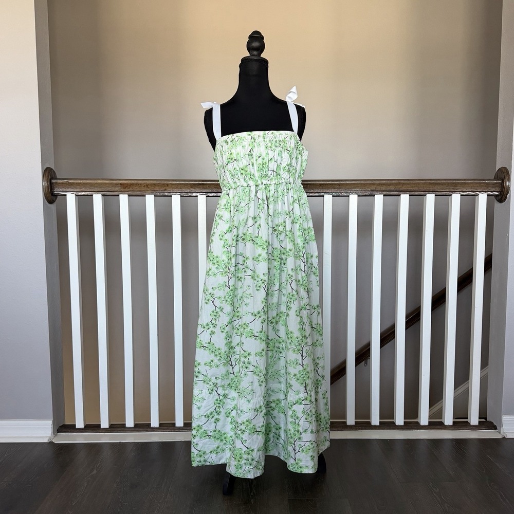 J Crew Gathered Tank Cherry Blossoms Ribbon Strap Midi Dress Green Sz 10 Cottage